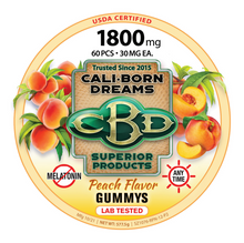 Load image into Gallery viewer, Cali Born Dreams Peach-Flavored 30mg CBD Gummy Rings – 60ct. (No Melatonin)