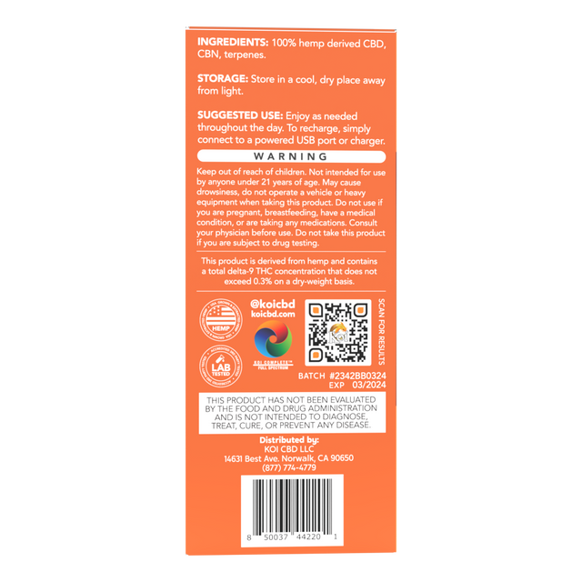 Koi Full Spectrum CBD + CBN Disposable Vape Bar (2 Gram) - Papaya Twis CBDFarmacy Koi Full Spectrum CBD + CBN Disposable Vape Bar (2 Gram) - Papaya Twis CBDFarmacy